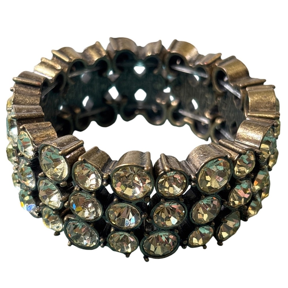Antique Brass‎ 3 Row Champagne Crystal Stretch Cuff Bracelet Vintage Style Wide